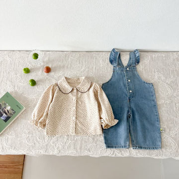 Baby Ruffled Denim Overalls Flower Blouse
