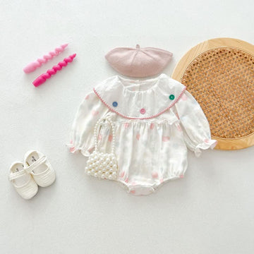 Baby Button Collar White Heart Bodysuit