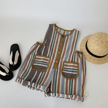 Kid Boy Colored Vertical Stripes Shorts Overalls