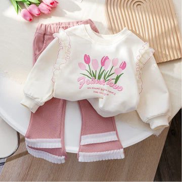Kid Girl Lace Flower Sweatshirt Pink Pants Autumn 2-piece Set