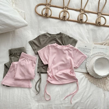 Kid Girl Drawstring Crewneck Top Solid Color 2-piece Set