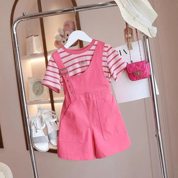 Kid Girl Striped One-shoulder Buckled Strap Skirt 2-piece Set