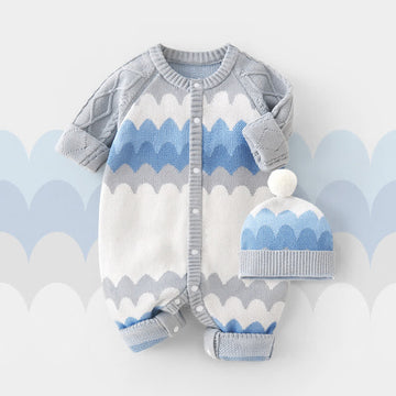 Baby Blue Wavy Grain Romper with Hat