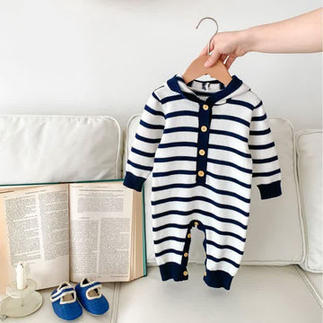 Baby Striped Hooded Button Knitted Romper
