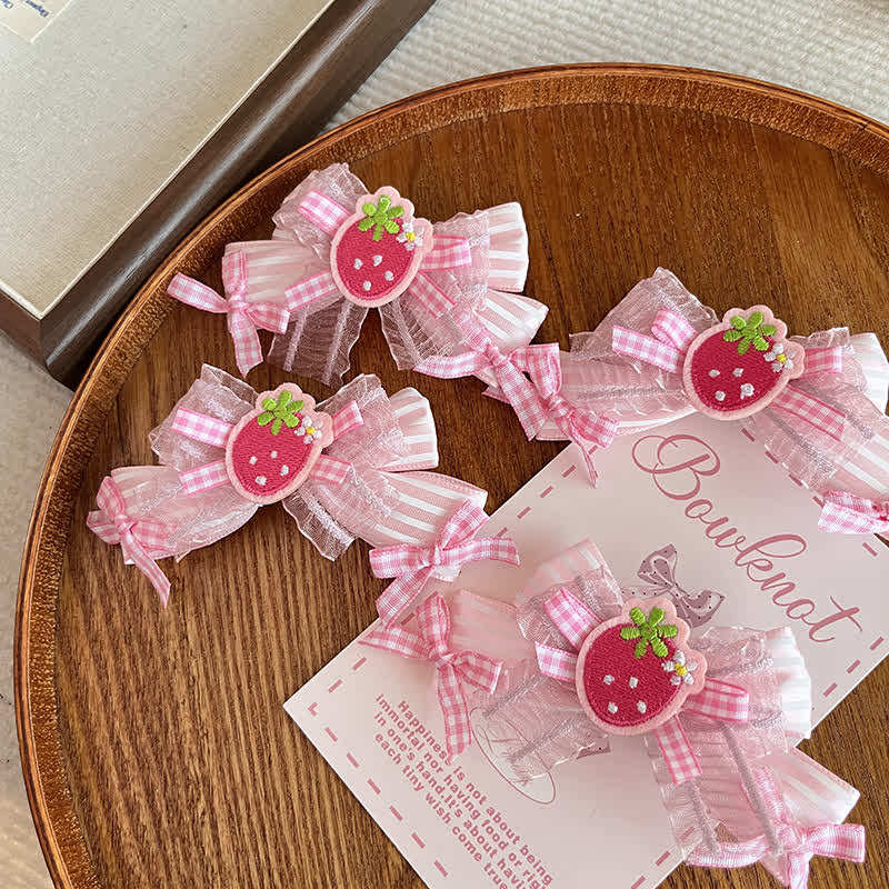 Baby Strawberry Lace Plaid Bow Hair Clips