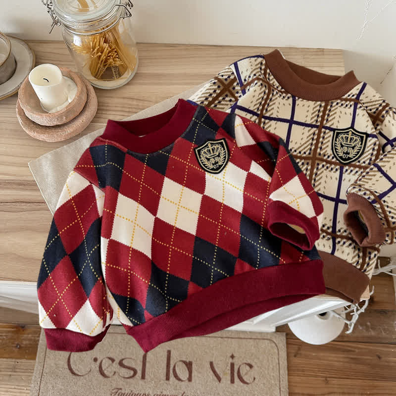 Kid Boy Diamond Plaid Knit Pullover Sweater