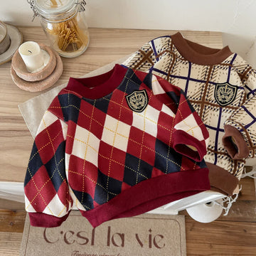 Kid Boy Diamond Plaid Knit Pullover Sweater