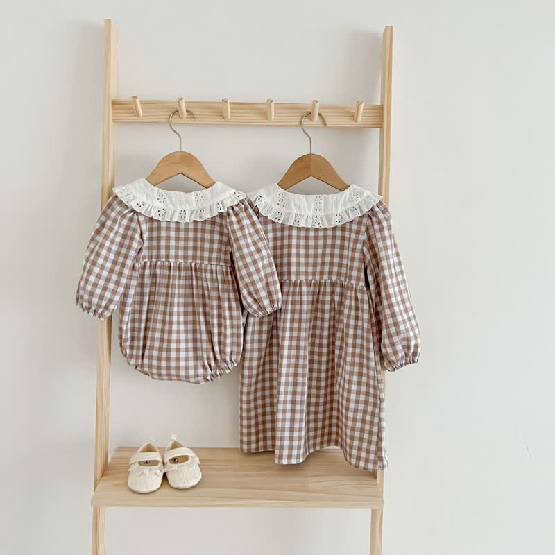 Baby Toddler Lace Lapels Brown Bodysuit Dress