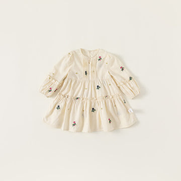 Toddler Elegant Embroidered Flower Beige Dress