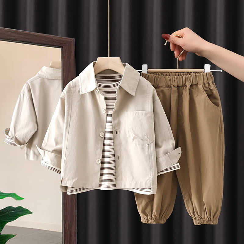 Kid Boy Stripe Top Solid Color Jacket Pants 3-piece Set