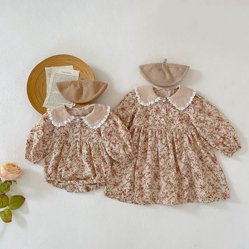Baby Toddler Khaki Flower Lapels Bodysuit Dress