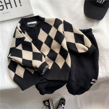Kid Boy Diamond Plaid Knit Cardigan Sweater