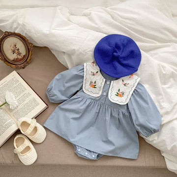 Baby Embroidered Blue Flower Skirted Bodysuit