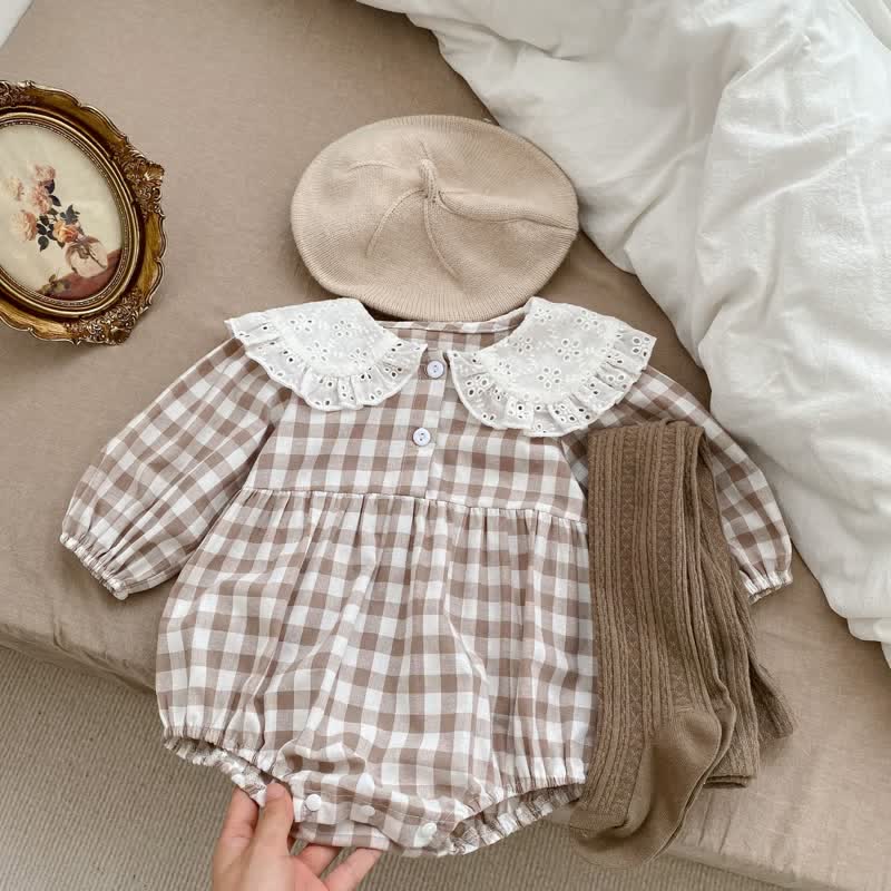 Baby Brown Plaid Lapels Bodysuit