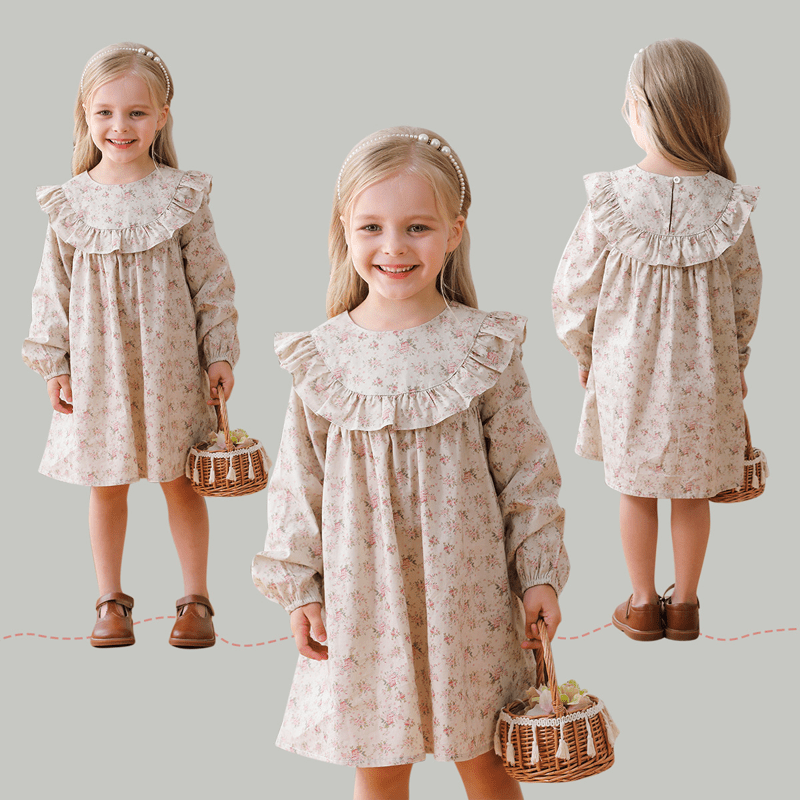 Toddler Retro Pastoral Flower Khaki Dress