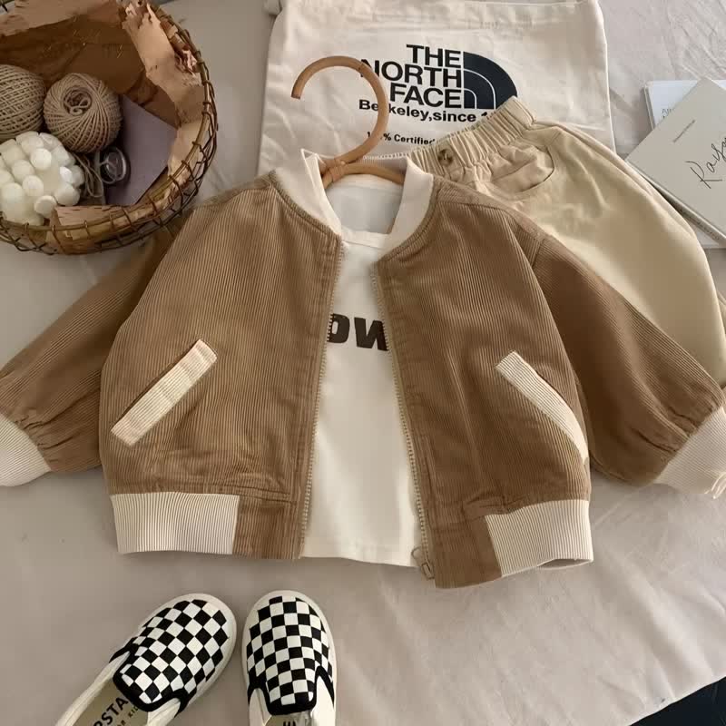 Kid Solid Color Corduroy Leather Jacket