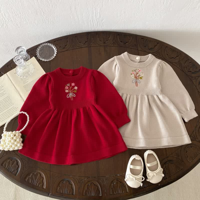 Baby Embroidered Bouquet Knitted Dress
