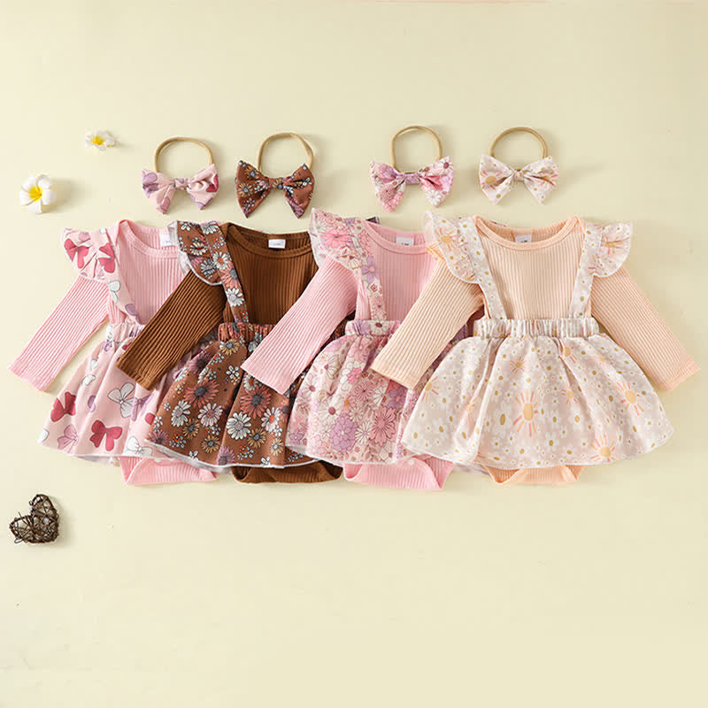 3pcs Baby Flower Ribbed Bodysuit and Skirt