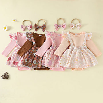 3pcs Baby Flower Ribbed Bodysuit and Skirt