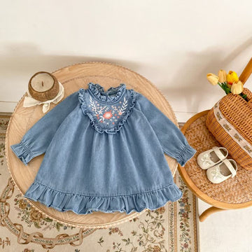 Baby Denim Embroidered Flower Blue Dress