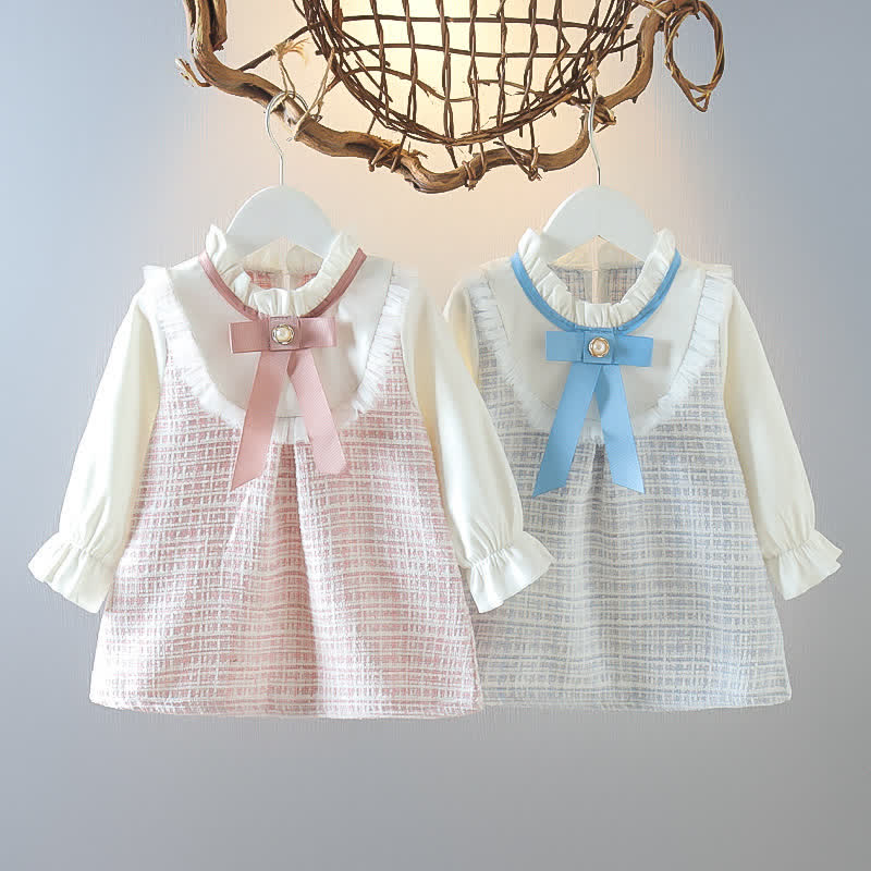 Baby Fake 2Pcs Bow Plaid Princess Dress