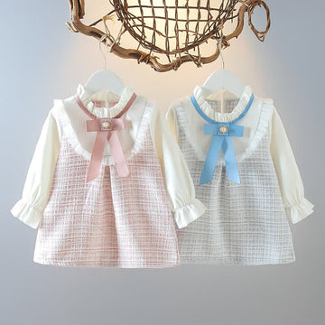 Baby Fake 2Pcs Bow Plaid Princess Dress