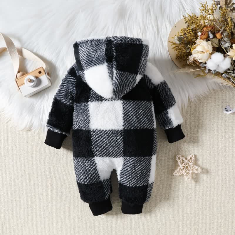 Baby Patchwork Hooded Plush Romper