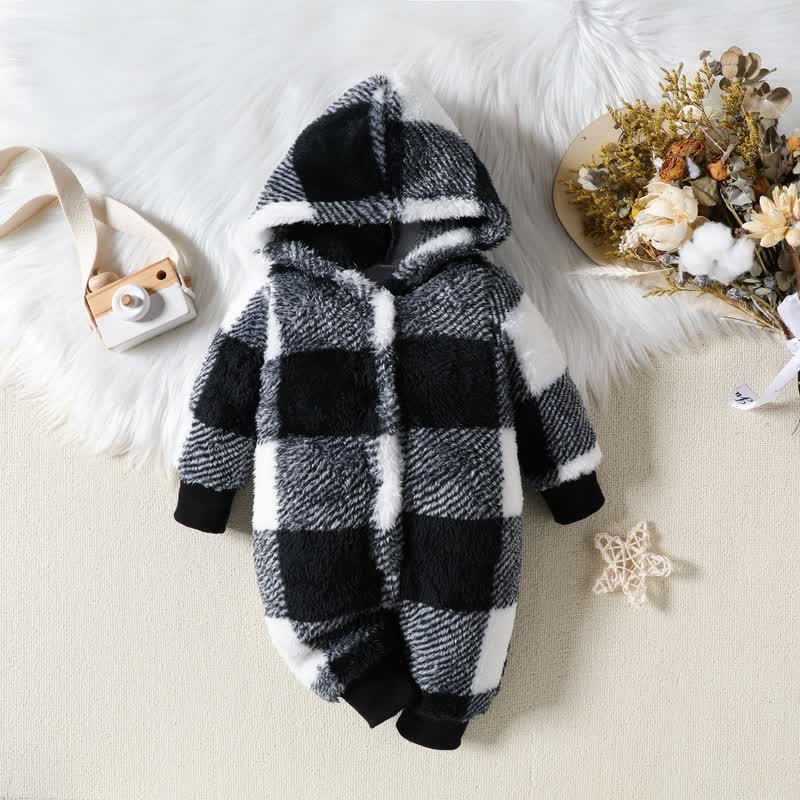 Baby Patchwork Hooded Plush Romper