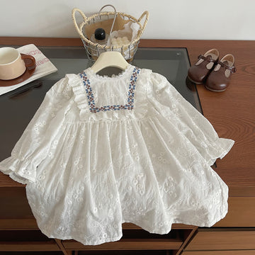 Toddler Retro Embroidered Flower White Dress