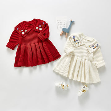 Baby Embroidered Flower Knitted Lapels Dress