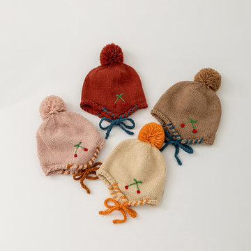 Baby Lovely Cherry Hairball Knitted Bonnet