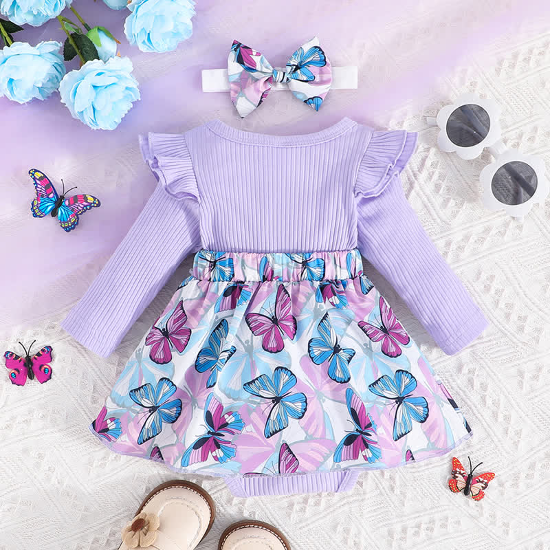 Baby Butterfly Ribbed Skirted Bodysuit with Headband