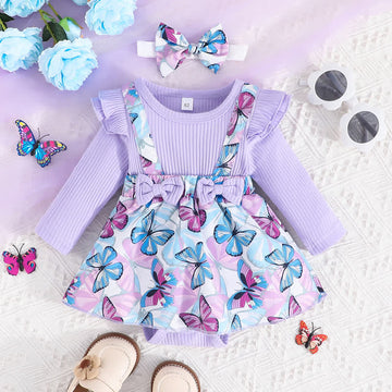 Baby Butterfly Ribbed Skirted Bodysuit with Headband
