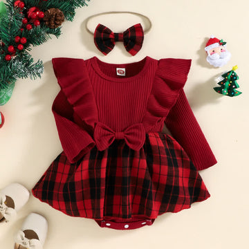Baby Christmas Plaid Ribbed Bodysuit with Headband