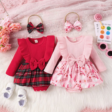 Baby Christmas Plaid Bodysuit with Headband
