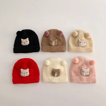 Baby 3D Bear Hairball Knitted Beanie