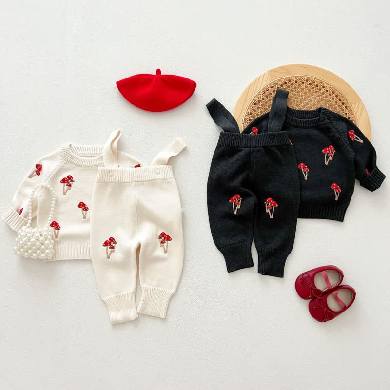 Baby Embroidered Mushroom Sweater Overalls