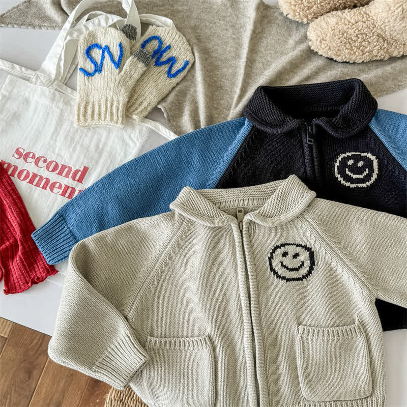 Kid Smiley Lapel Zippered Knit Cardigan
