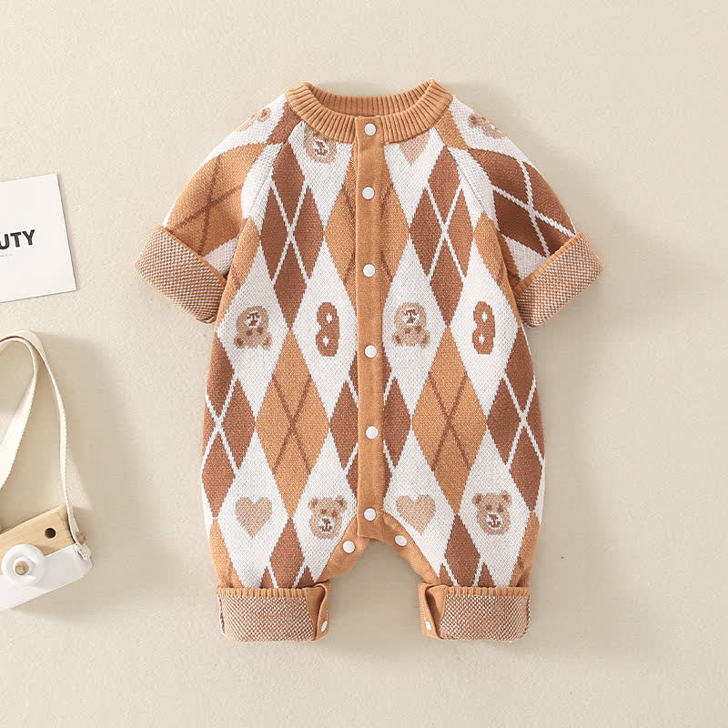 Baby Bear Jacquard Diamond Check Knit Romper