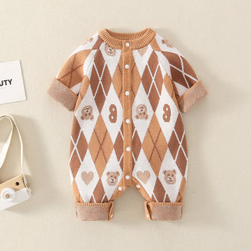 Baby Bear Jacquard Diamond Check Knit Romper