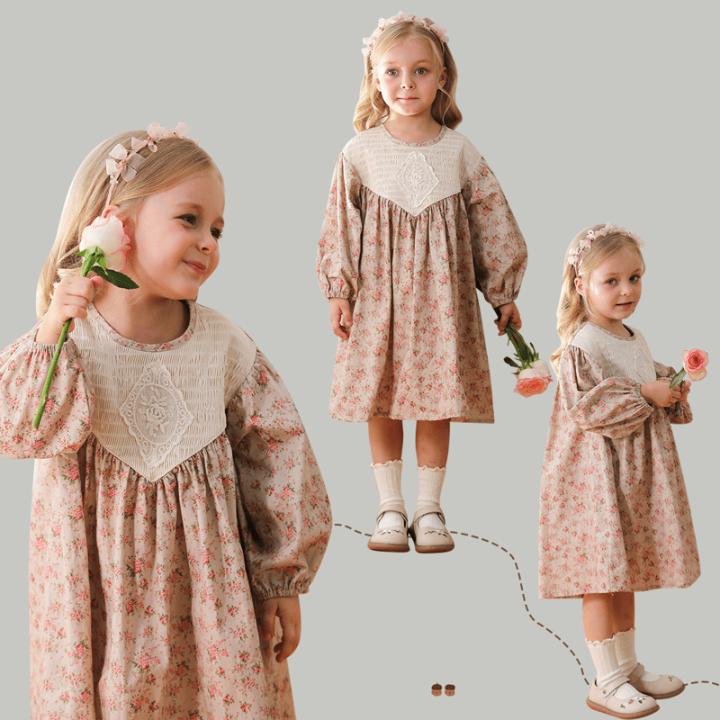 Toddler French Vintage Flowers Khaki Dress