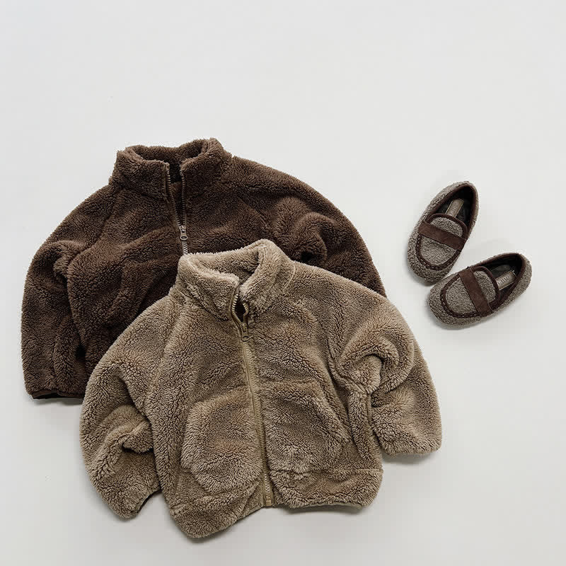 Toddler Stand Collar Plush Solid Color Jacket