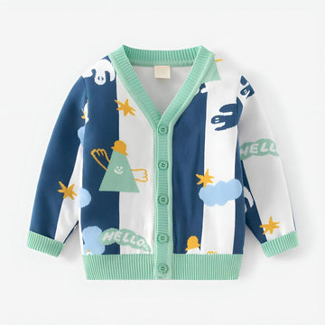 V-Neck Boy's Cardigan in Knit Cotton