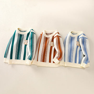 Toddler Bear Patch Vertical Striped Sweater