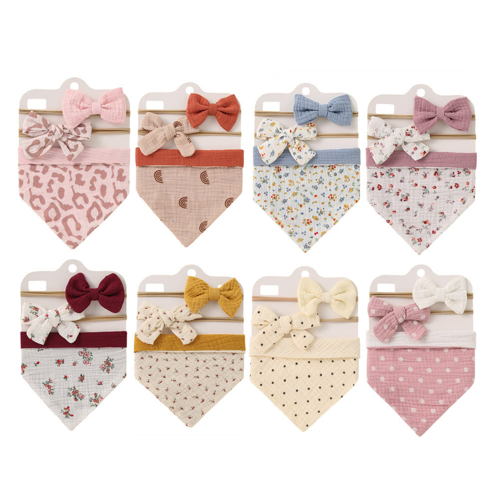 3Pcs Baby Muslin Cotton Bib Bow Headband