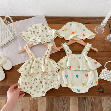 Baby Heart Floral Overalls with Hat