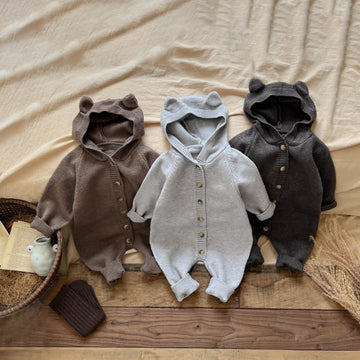 Baby Bear Ear Hooded Knit Romper