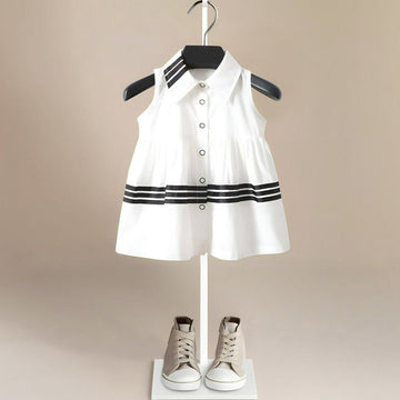 White Summer Girls Dress with Black Stripes
