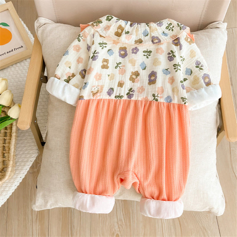 Baby Collar Bear Flower Fake 2 Pieces Romper