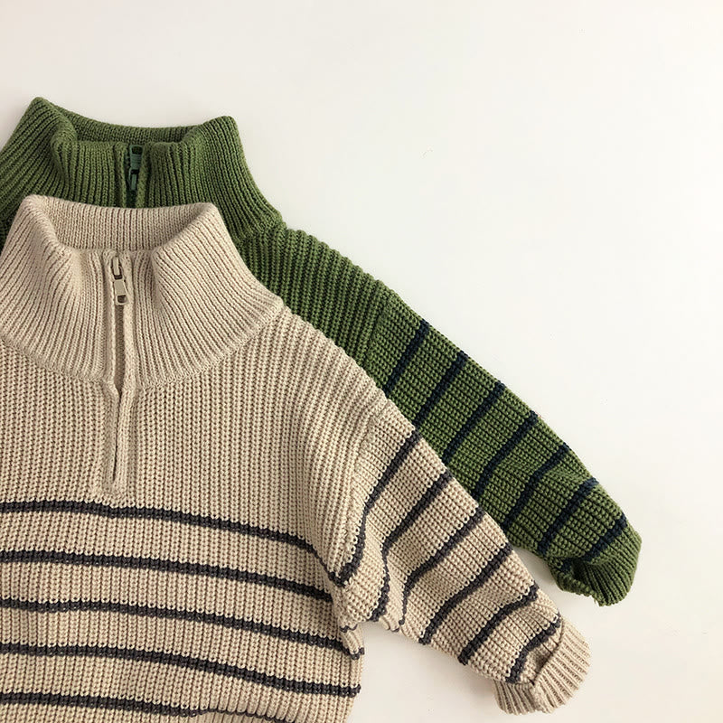 Toddler Zipper High Collar Striped Retro Style Sweater